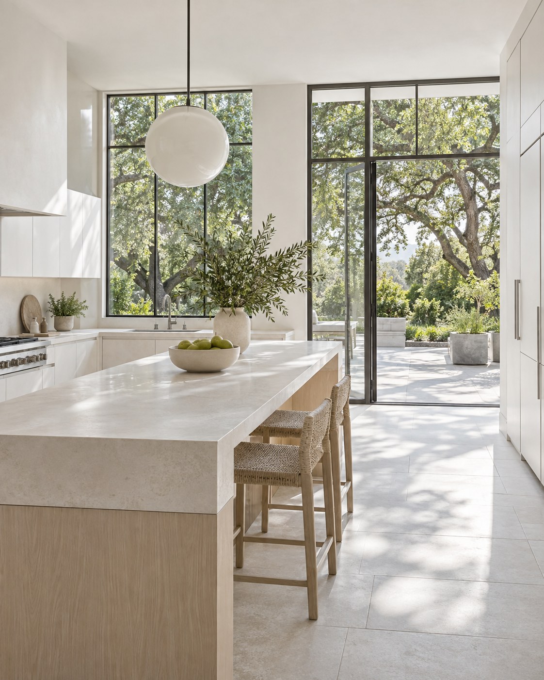 Minimal luxury kitchen with pale natural stone, light cabinetry and soft daylight