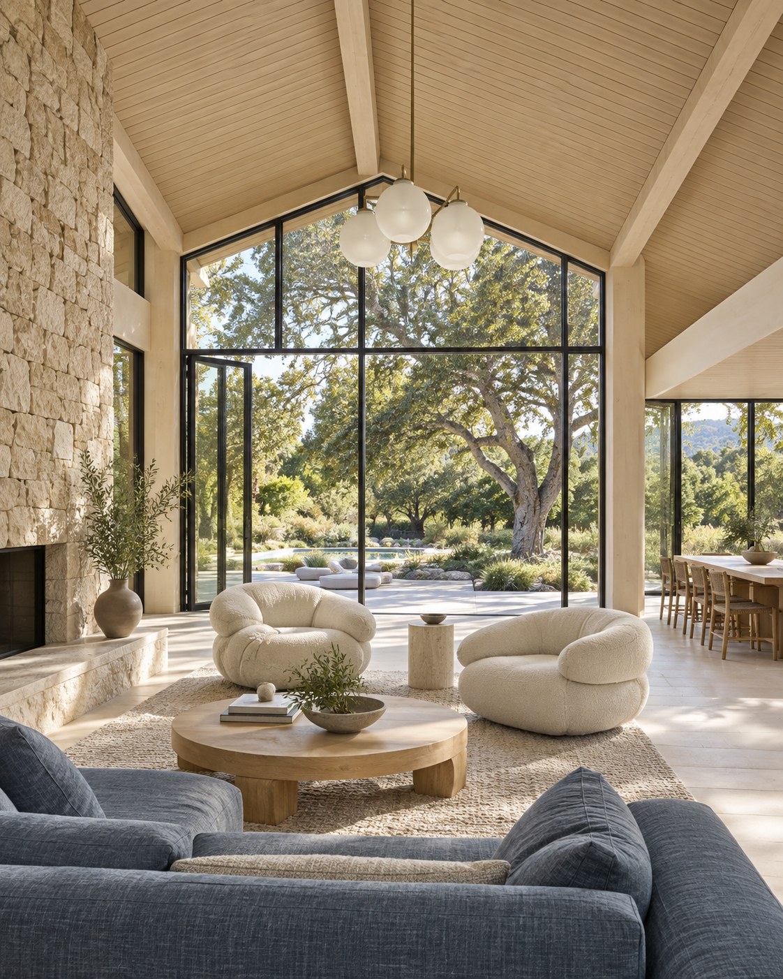 Airy luxury living room with pale timber, natural stone, sculptural ivory seating, blue-grey accents and garden views