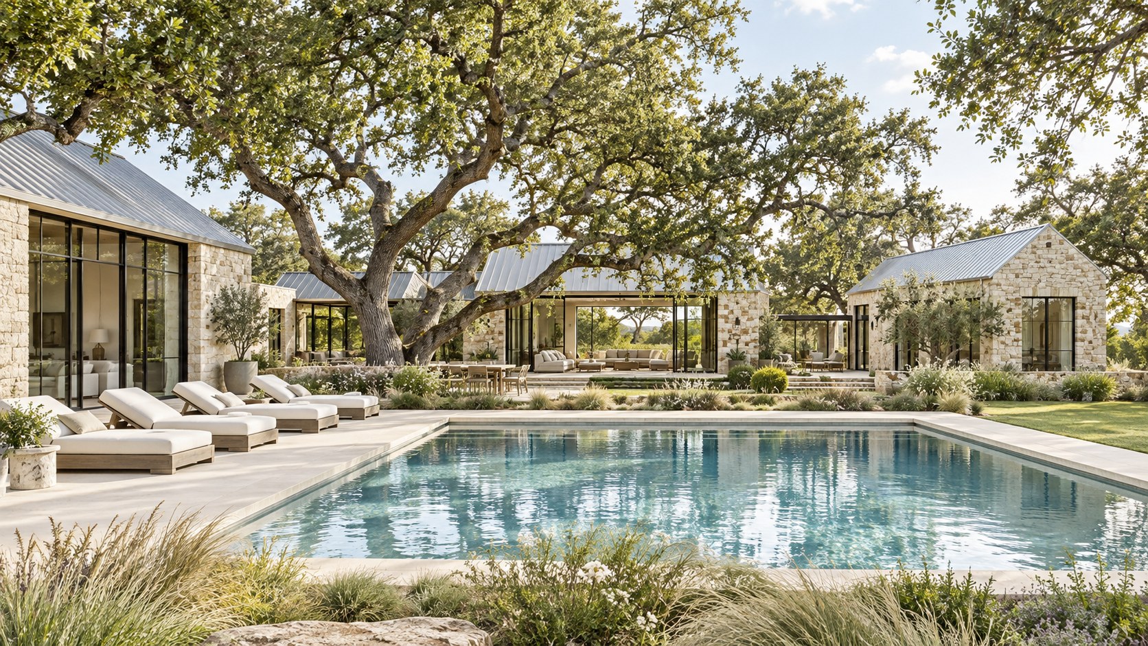 Design concept of a limestone home surrounding a quiet blue pool, with mature oak trees and simple white loungers